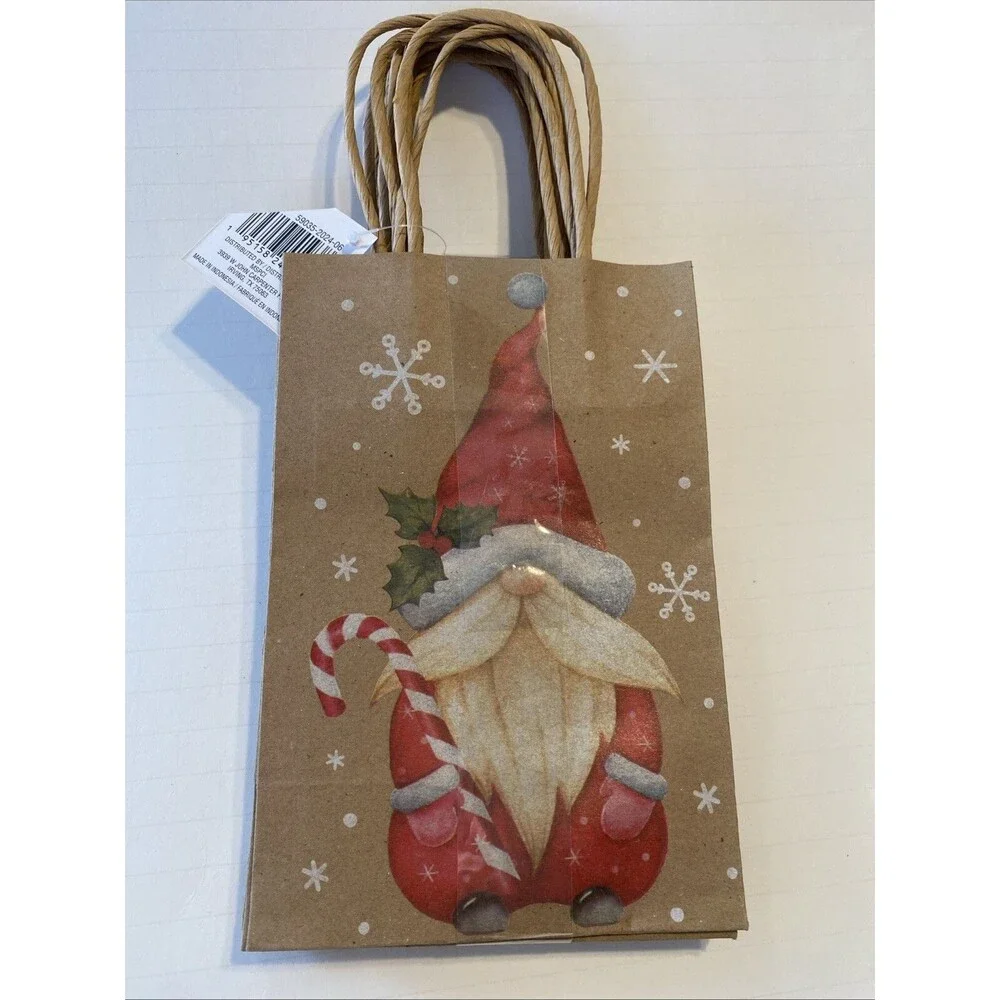 6 Gnome Christmas Kraft Paper Gift Bags W/ Handle Candy Cane 8